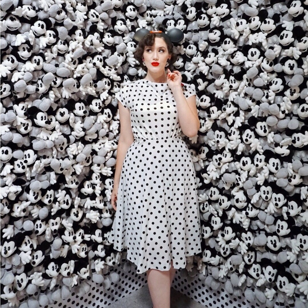 True vintage cowl neck look white polka dot dress